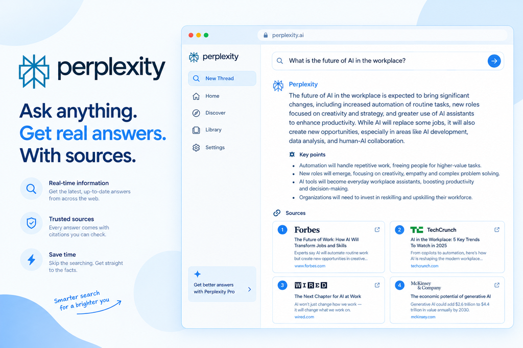 Perplexity AI search interface with cited sources