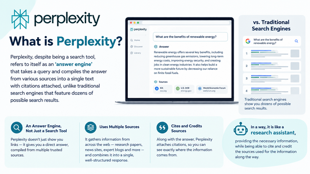 Perplexity as an AI answer engine that combines information from multiple sources and provides cited answers.